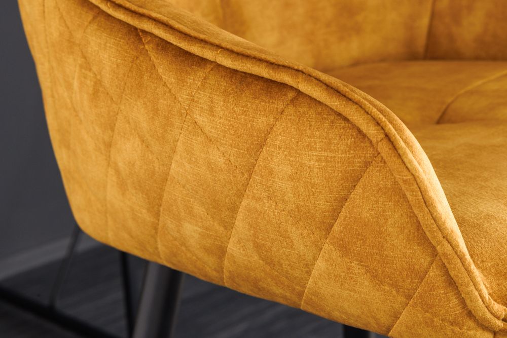 Design Barhocker EUPHORIA senfgelb Samt schwarze Metallbeine Barstuhl mit Lehne