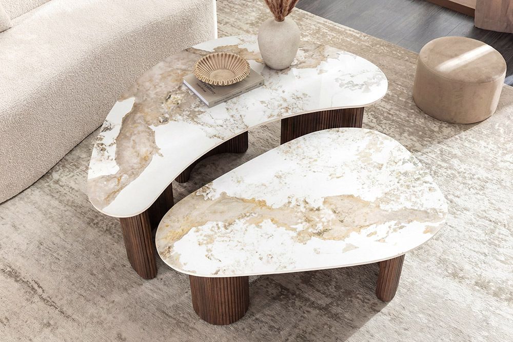 2er Set Couchtische OSAKA 120cm weiß Pandora Keramik Walnuss