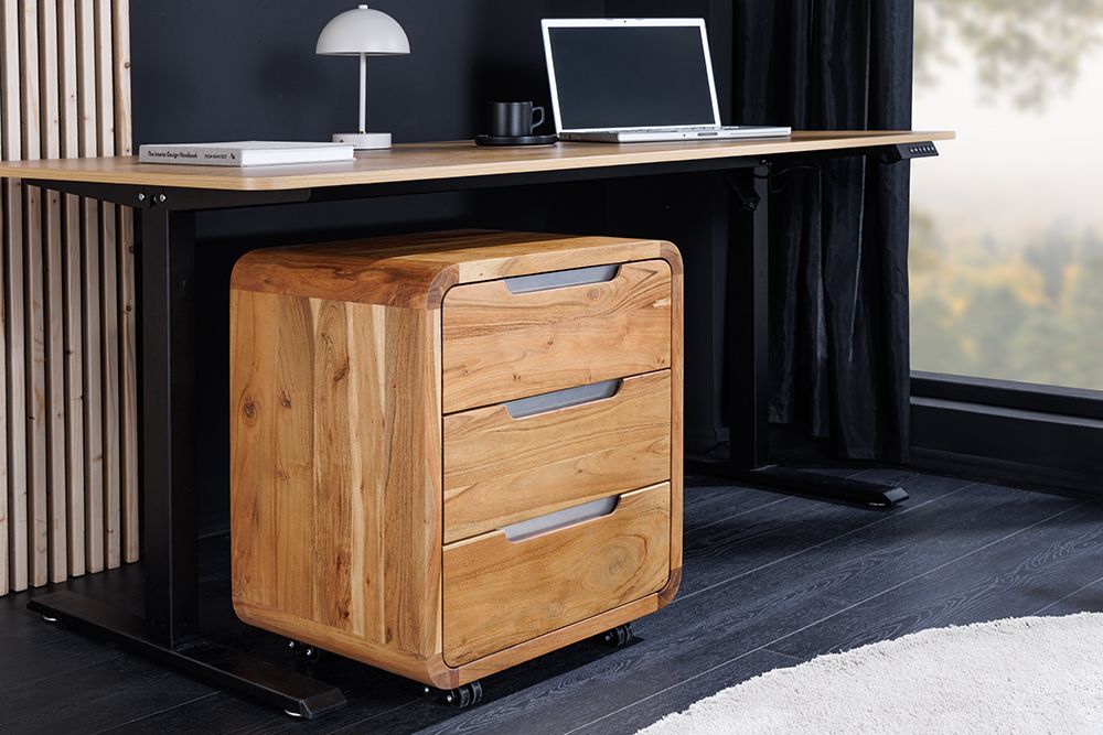 Massiver Rollcontainer CUBUS 60cm braun Akazienholz honey finish drei Schubladen
