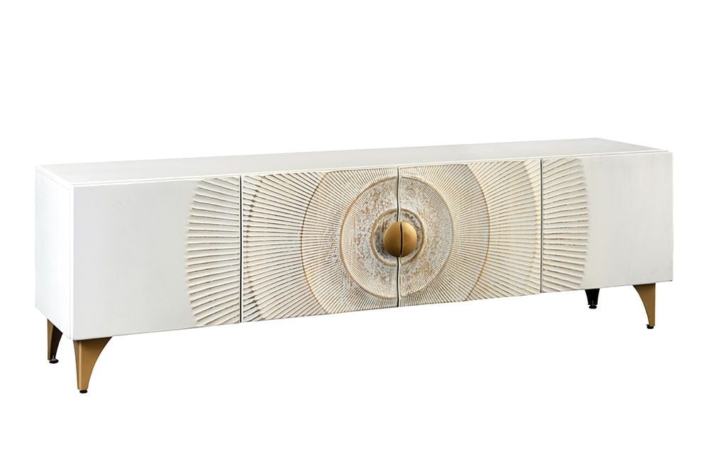 Massives TV-Lowboard GOLDEN SUNSET 180cm weiß gold Mangoholz 3D Schnitzereien Metallfüße