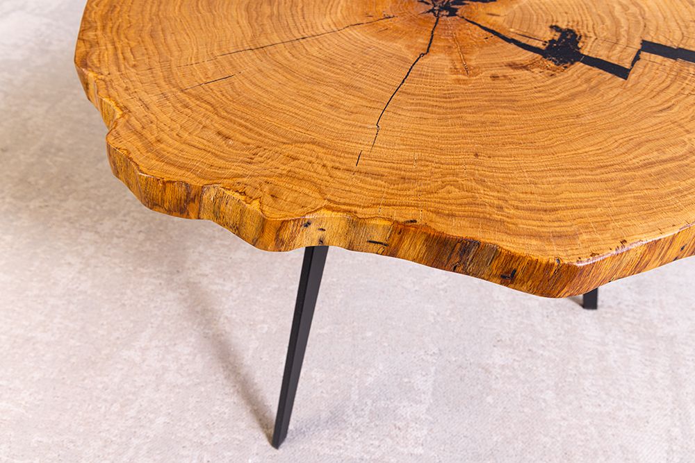 Runder Couchtisch ARBOR 65cm natur Eiche Massivholz schwarz Metall Beistelltisch