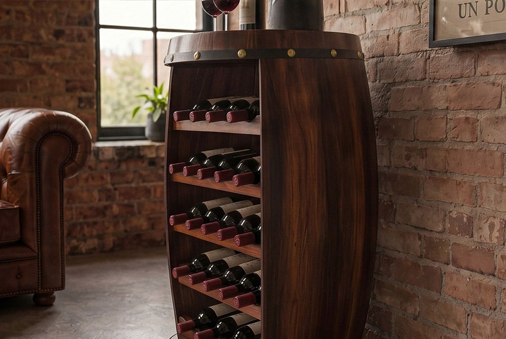 Massives Weinregal BODEGA 80cm coffee braun Pinie Fass-Bartisch für 23 Flaschen
