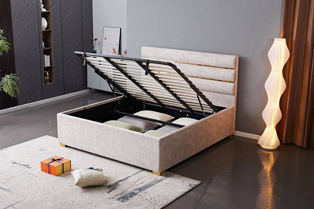 Modernes Boxbett METROPOLITAN 180x200cm beige Samt mit Lattenrost und Stauraum