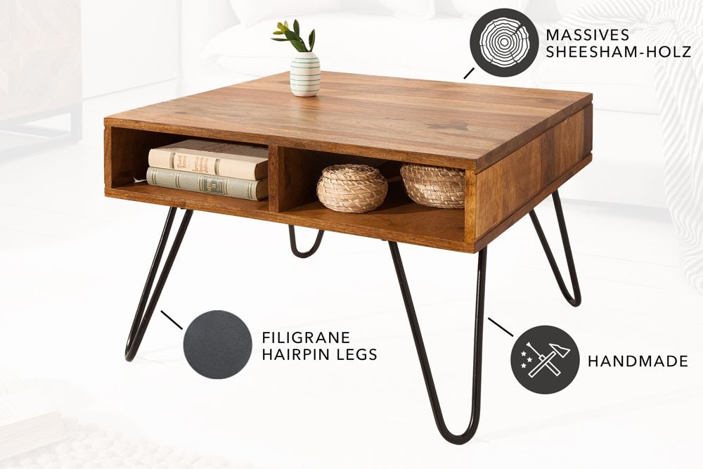 Massivholz Couchtisch SCORPION 60cm braun Sheesham stone finish Stauraum Hairpin Legs