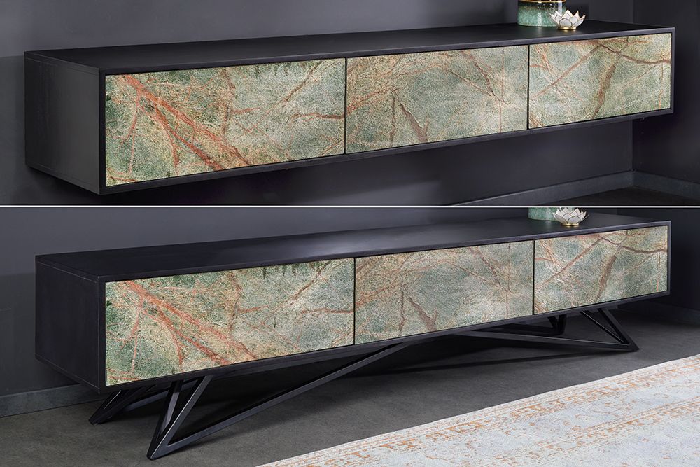 Massivholz TV Lowboard MOUNTAIN SOUL 200cm echter Naturstein Akazie schwarz hängend / stehend