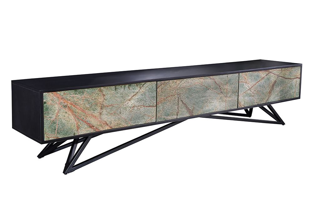 Massivholz TV Lowboard MOUNTAIN SOUL 200cm echter Naturstein Akazie schwarz hängend / stehend