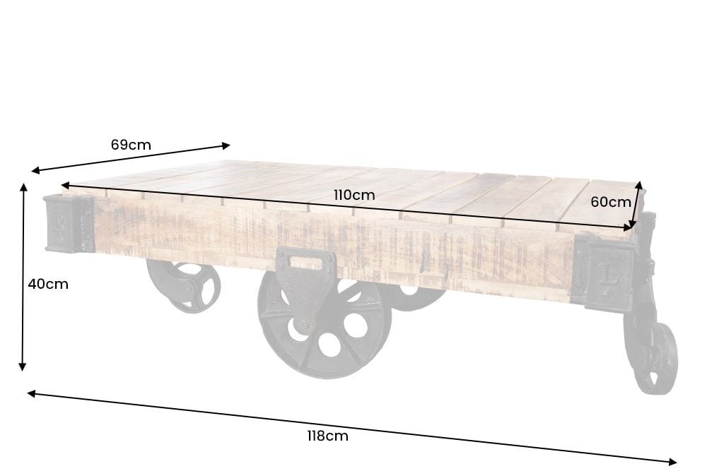 Massiver Design Couchtisch RAILWAY 110cm Mangoholz mit 4 Rädern