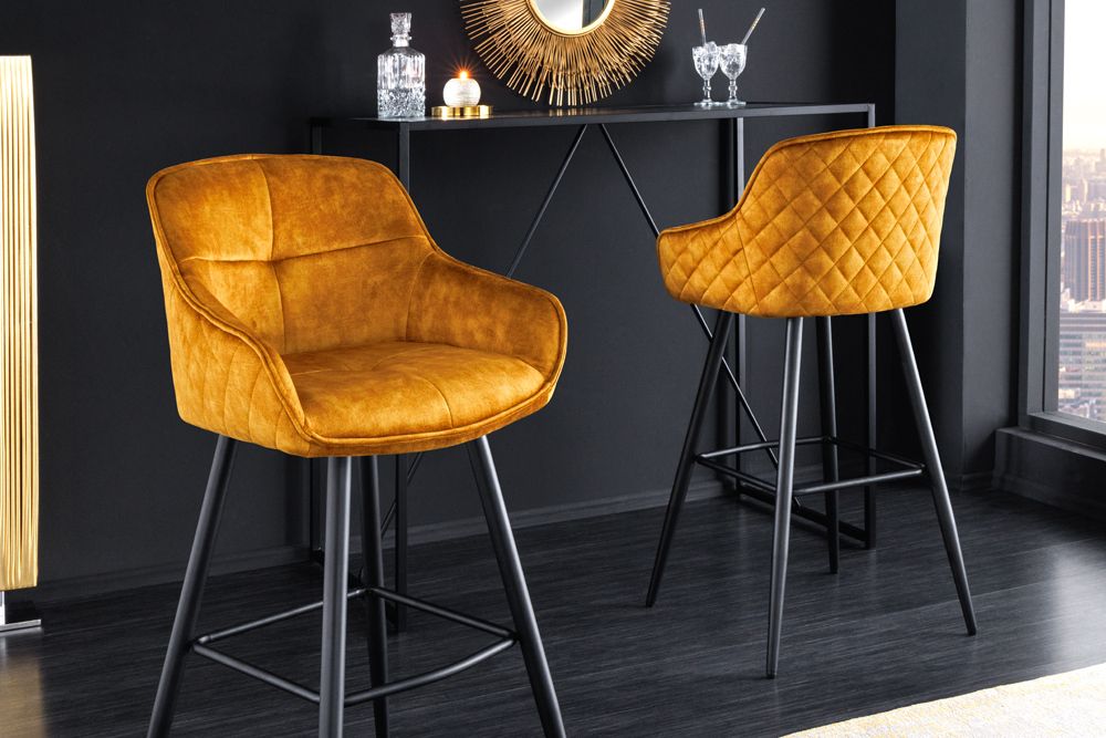 Design Barhocker EUPHORIA senfgelb Samt schwarze Metallbeine Barstuhl mit Lehne
