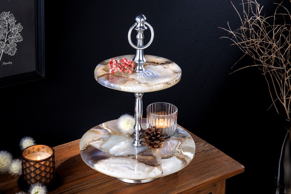 Deko Etagere NOBLE 35cm silber Edelstein handmade Achat Quarz Aluminium