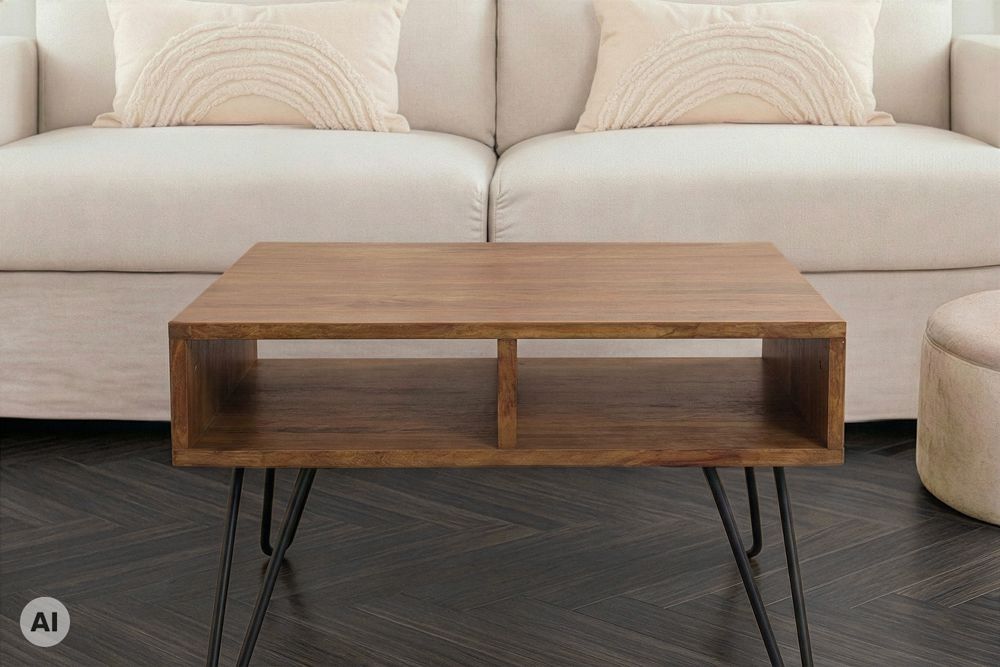 Massiver Couchtisch SCORPION 60cm braun honey finish Mangoholz mit Hairpin Legs