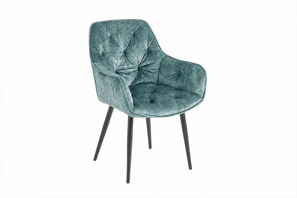 Design Stuhl MILANO petrol Samt mit Armlehne Ziersteppung gepolstert schwarze Metallbeine