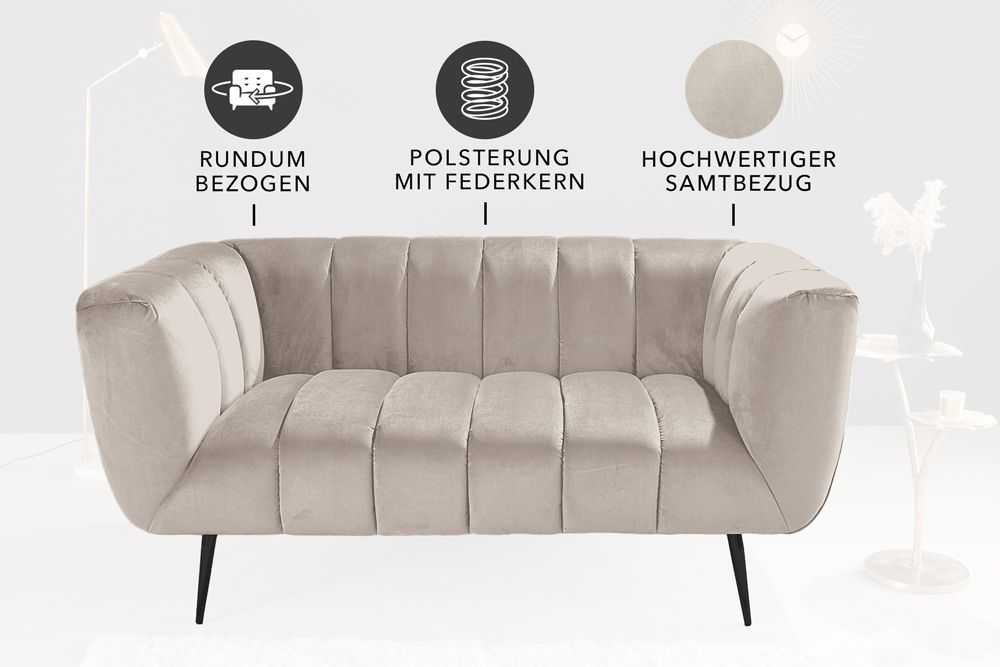 Design 2-Sitzer Sofa NOBLESSE 165cm champagner Samt schwarze Metallfüße Federkern