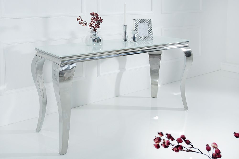 Eleganter Konsolentisch MODERN BAROCK 145cm weiß Edelstahlbeine Opalglas