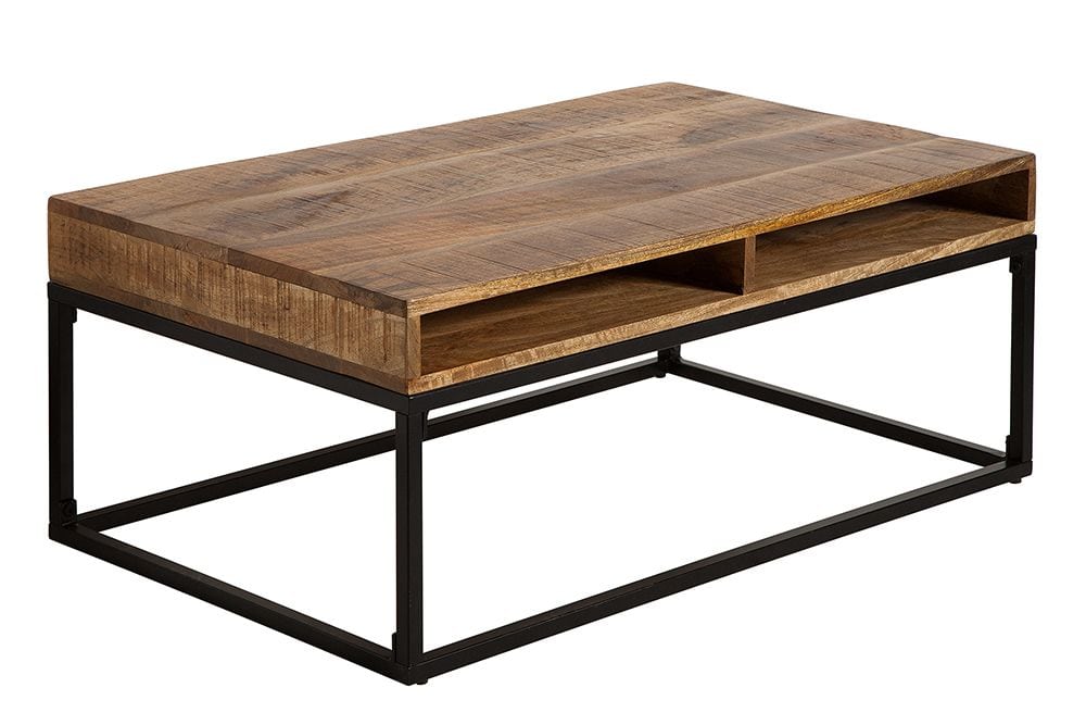 Massiver Couchtisch IRON CRAFT 100cm Mangoholz mit Schublade schwarzes Metallgestell