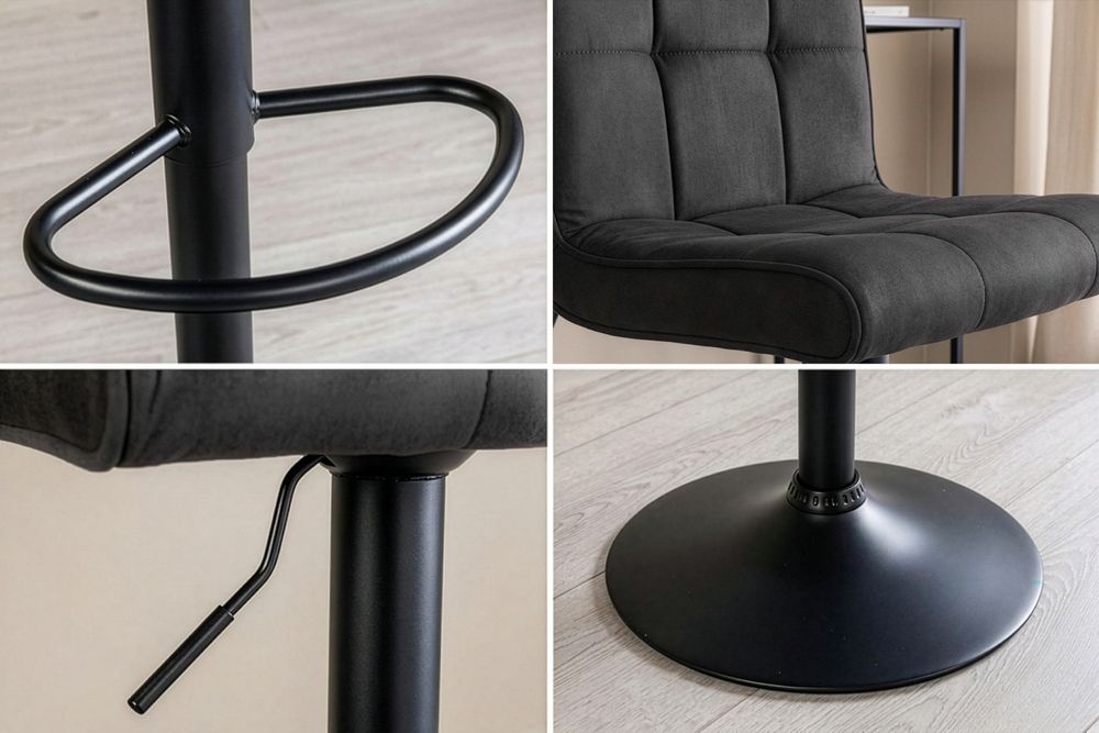 Höhenverstellbarer Barhocker MODENA vintage grau Microfaser Metall schwarz mit Lehne drehbar