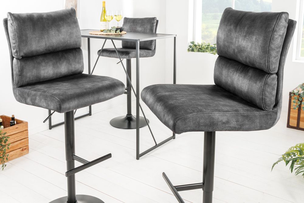 Höhenverstellbarer Barhocker COMFORT dunkelgrau Samt drehbar mit Lehne Metall schwarz