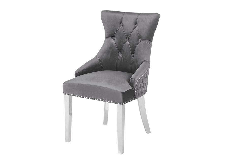 Eleganter Stuhl CASTLE DELUXE grau Samt Löwenkopf Chesterfield Design Esszimmerstuhl Nieten