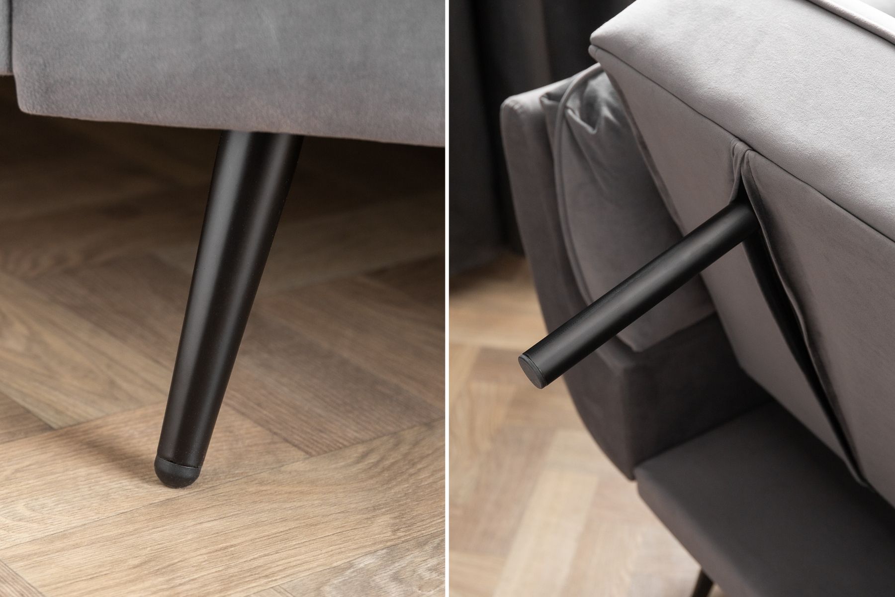 Retro Schlafsofa BOUTIQUE 215cm grau Samt 3-Sitzer mit schwarzen Füßen
