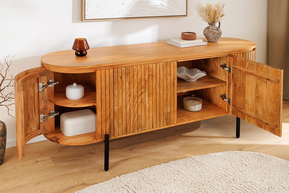Massives Sideboard GATSBY 160cm natur Mangoholz schwarz Metall mit Lamellenfront