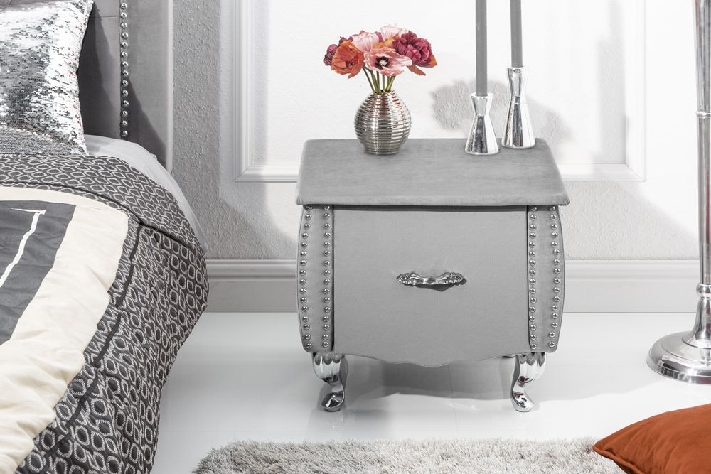 Eleganter Nachttisch EXTRAVAGANCIA 50cm silbergrau Samt Nachtkommode mit Schublade