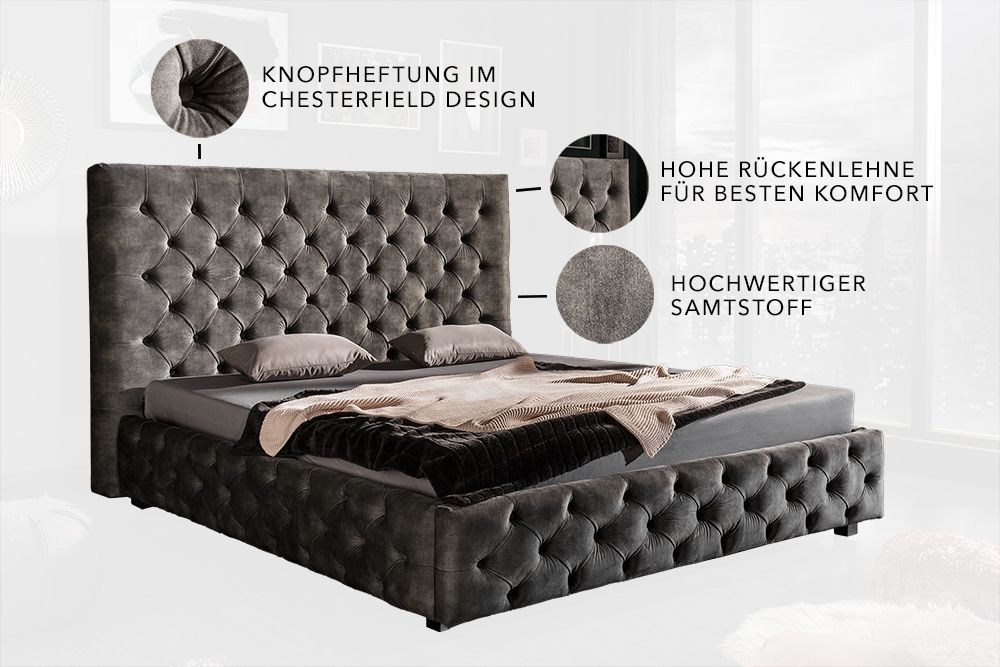 Design Doppelbett PARIS 160x200cm grau Samt Chesterfield Polsterbett