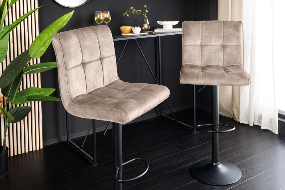 Höhenverstellbarer Barhocker MODENA champagner beige Samt Metall schwarz drehbar