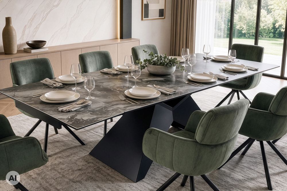 Design Esstisch DIAMOND 180-260cm taupe Keramik Metallgestell schwarz