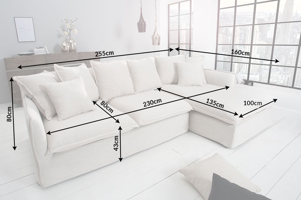 Großes Ecksofa HEAVEN 255cm natur beige Leinenstoff Federkern inkl. Kissen