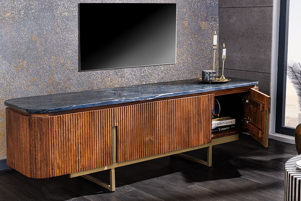 Design TV-Board GATSBY 160cm braun gold Mangoholz Marmor Metallgestell