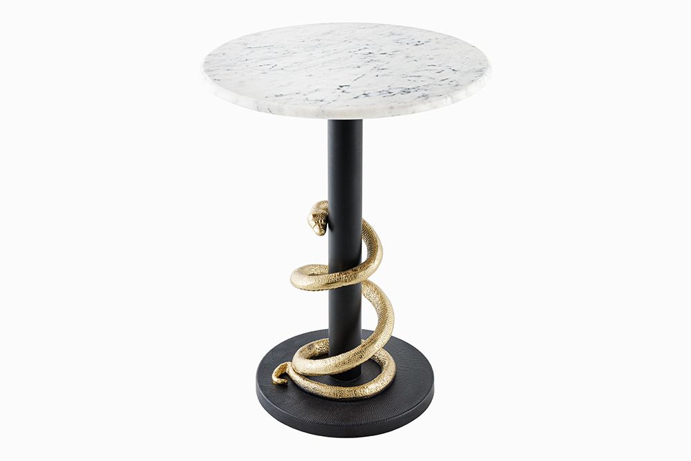 Runder Beistelltisch WILDLIFE SNAKE 55cm weiß Marmor gold schwarz Schlange Skulptur