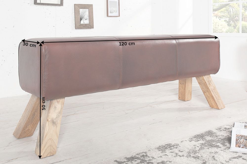 Retro Sitzbank TURNBOCK 120cm mit Echtleder Bezug Mangoholz Bank