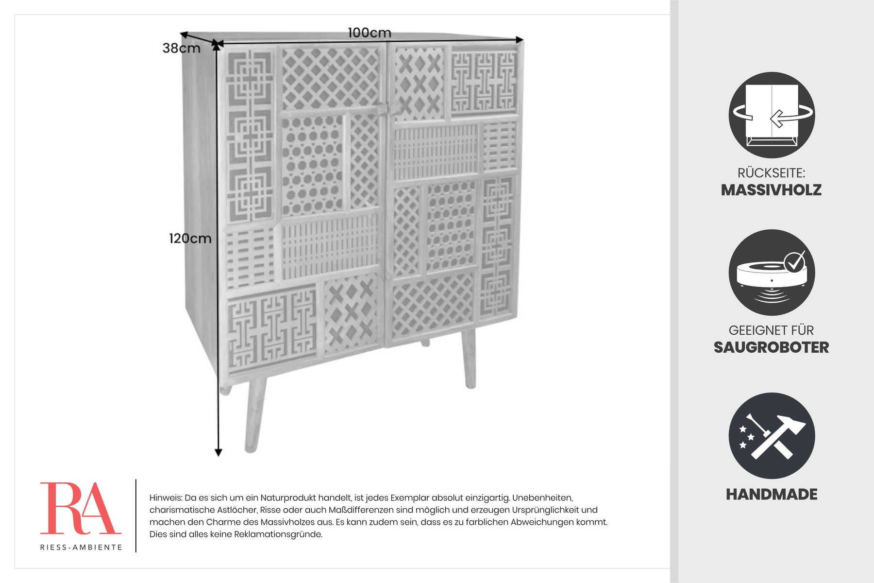 Massives Highboard MARRAKESCH 120cm Mangoholz mit Verzierung Boho Stil
