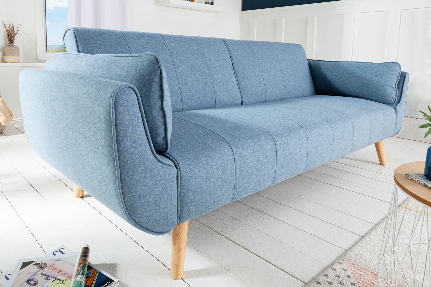 Design Schlafsofa DIVANI 220cm hellblau Strukturstoff Scandinavian 3-Sitzer mit Bettfunktion
