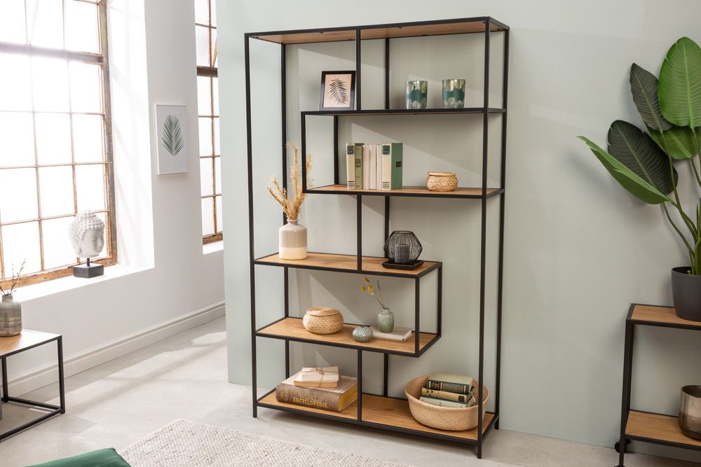 Industrial Bücherregal SLIM LINE 185x114cm Wildeiche schwarz sechs Regalböden