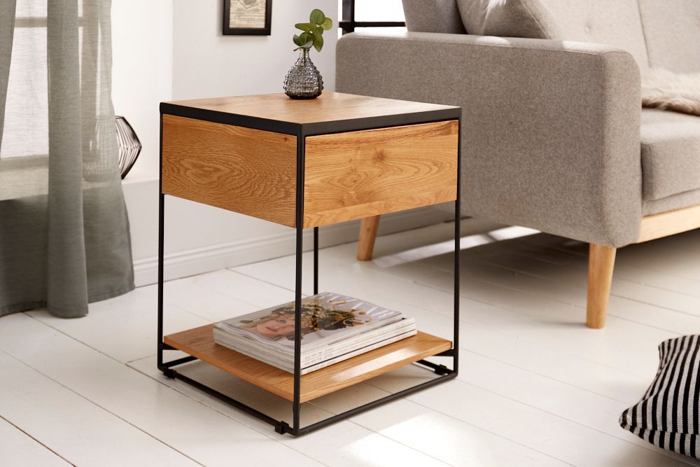 Moderner Beistelltisch SCORPION 50cm Wildeichen-Design Metall Nachttisch mit Schublade