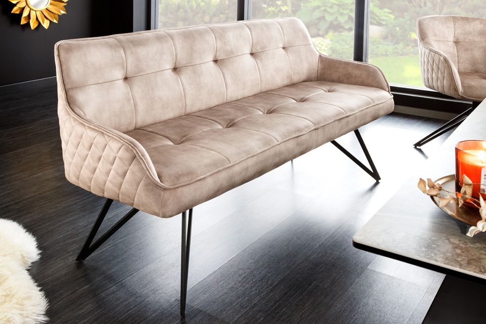 Design Sitzbank EUPHORIA 160cm champagner greige Samt Hairpin Legs Metallbeine Armlehnen