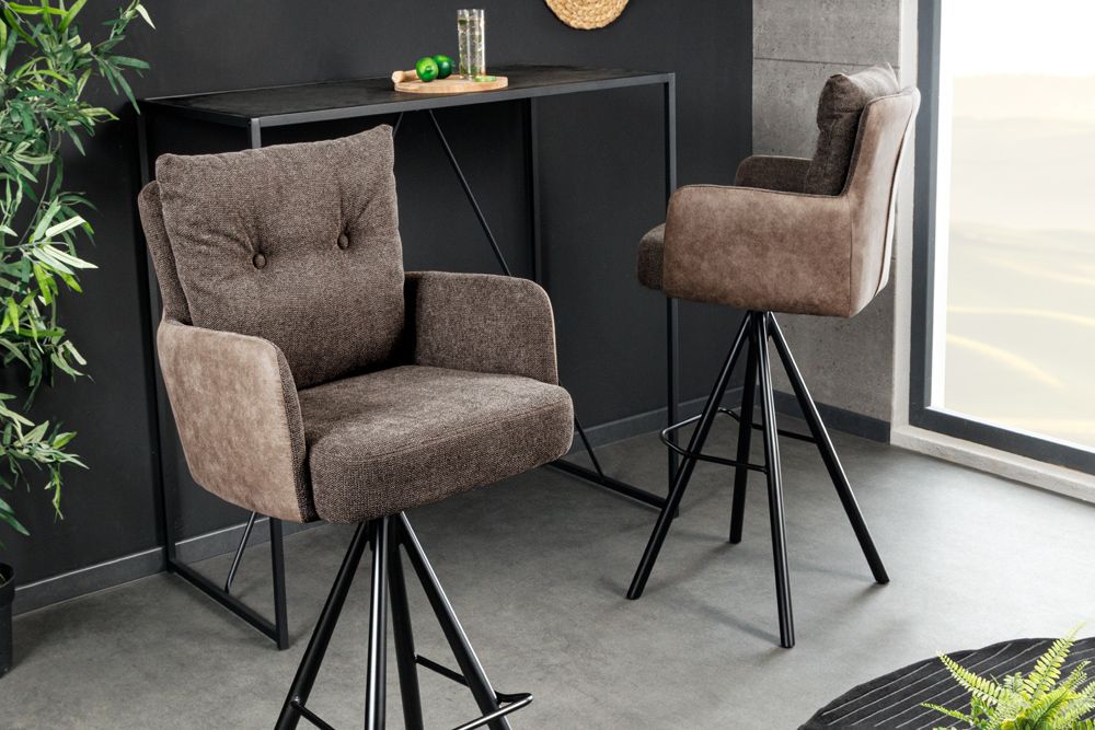 Drehbarer Design Barhocker BIG GEORGE taupe Samt Taschenfederkern mit Armlehnen Metall