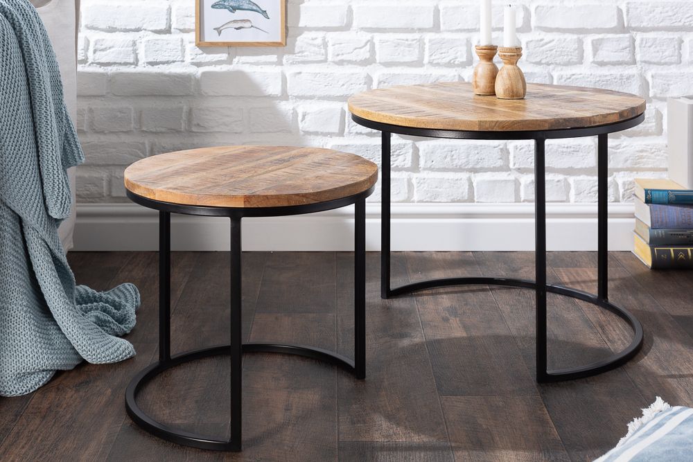 Industrial 2er Set Beistelltische ELEMENTS 60cm Mangoholz massiv rund schwarzes Metallgestell