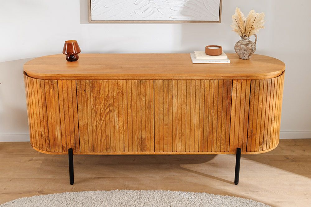 Massives Sideboard GATSBY 160cm natur Mangoholz schwarz Metall mit Lamellenfront