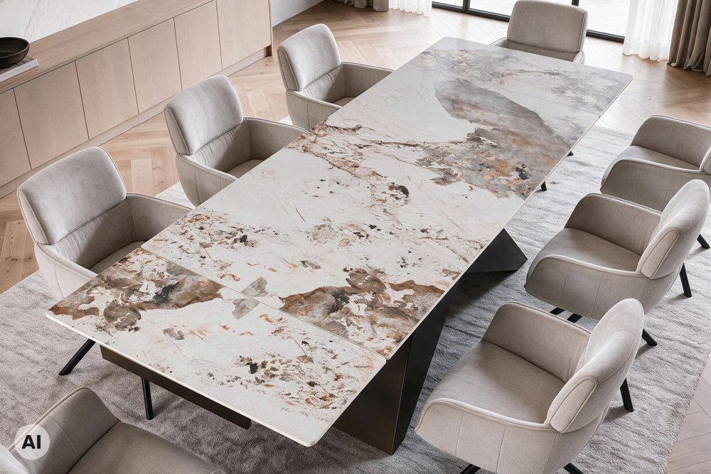 Design Esstisch DIAMOND 180-260cm weiß braun Pandora Keramik Metallgestell bronze