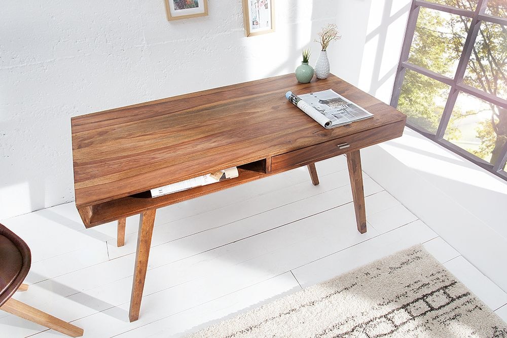 Design Schreibtisch RETRO 120cm braun Sheeshamholz stone finish Design Klassiker