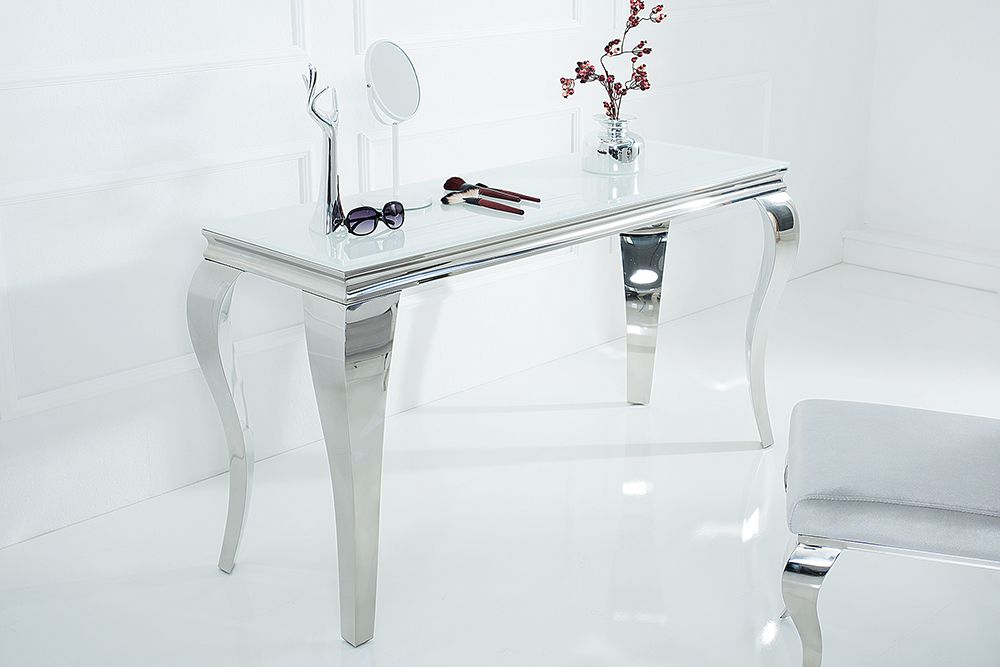 Eleganter Konsolentisch MODERN BAROCK 145cm weiß Edelstahlbeine Opalglas
