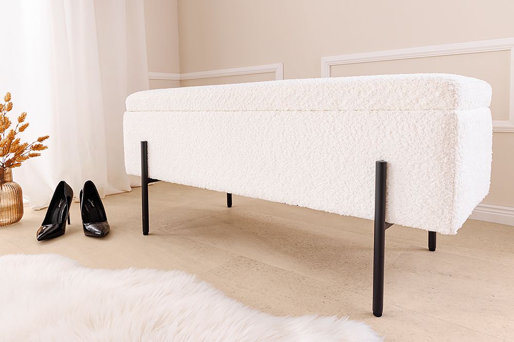 Moderne Truhenbank LOFT 100cm weiß Bouclé Sitzbank mit Stauraum gepolstert schwarz Metall