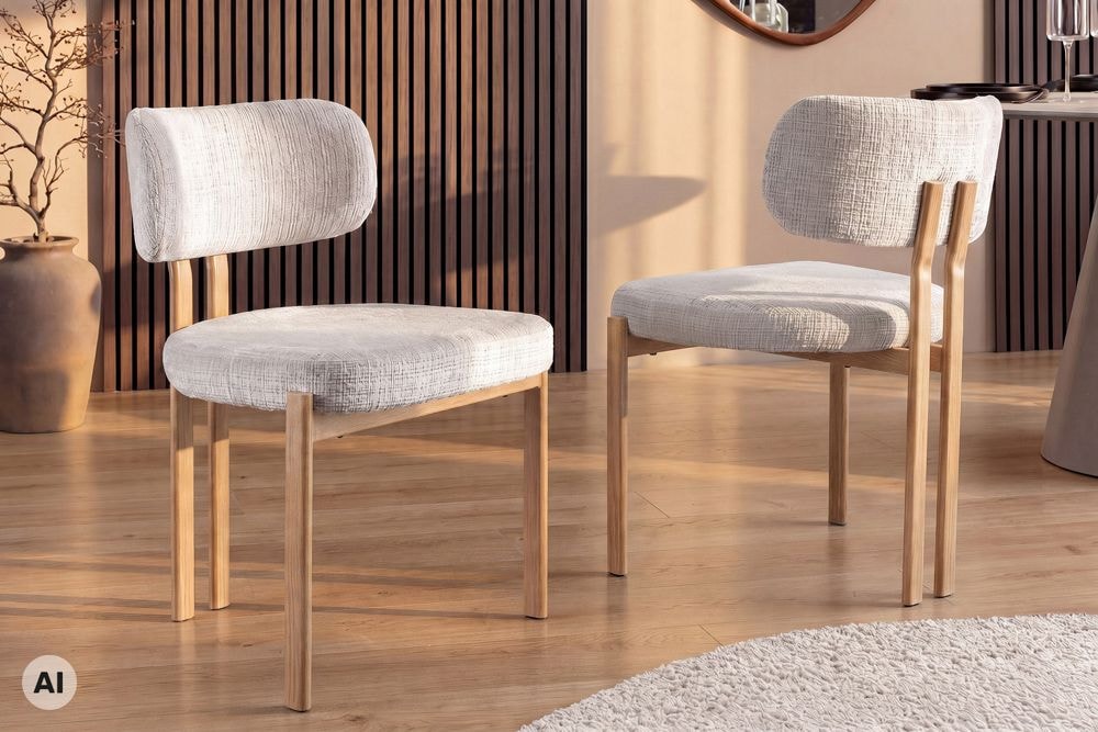 Design Stuhl BELLANO creme beige Chenille Cremona Metallgestell Eiche
