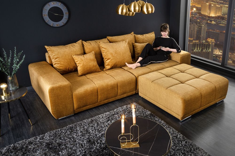 Big Sofa ELEGANCIA 285cm senfgelb Vogue Velours Samt XXL Couch inkl. Kissen Federkern