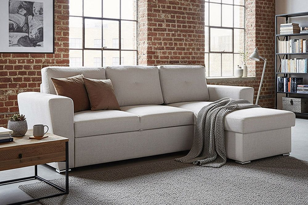 Ecksofa mit Schlaffunktion APARTMENT beidseitig aufbaubar beige Strukturstoff inkl. Stauraum