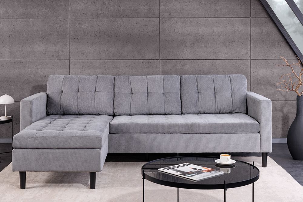 Modernes Ecksofa STOCKHOLM 220cm grau Cordstoff Federkern 3-Sitzer-Sofa