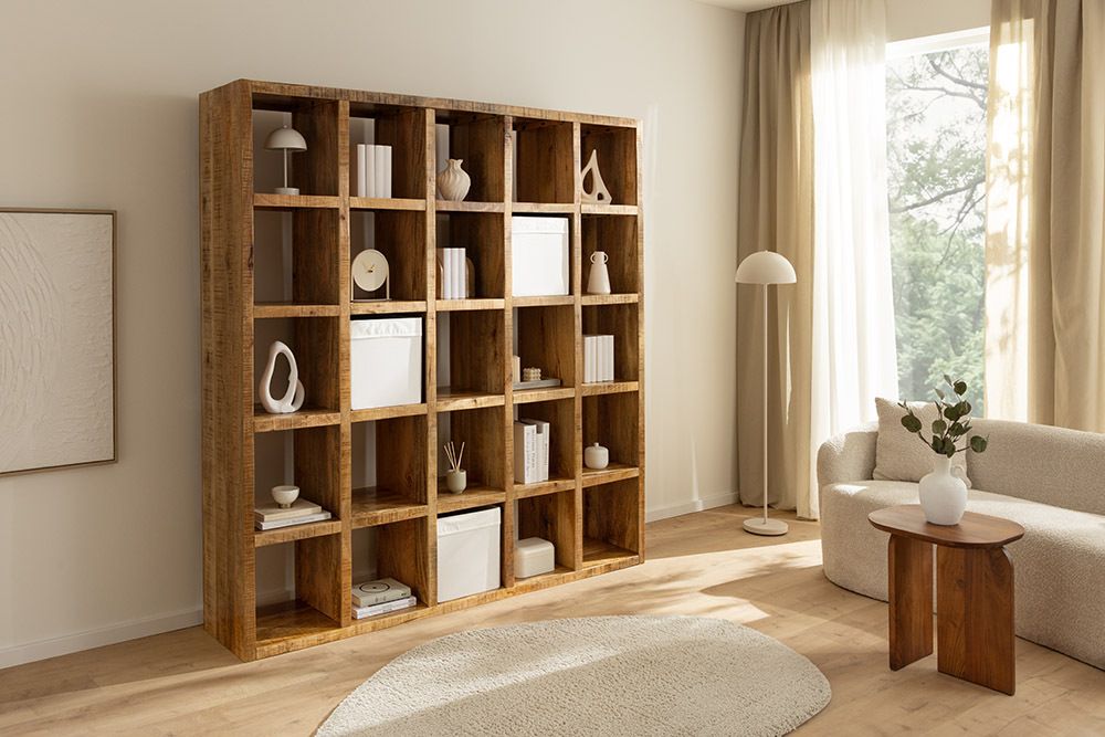 Massives Regal IRON CRAFT 200cm natur Mangoholz Bücherregal 25 Fächer