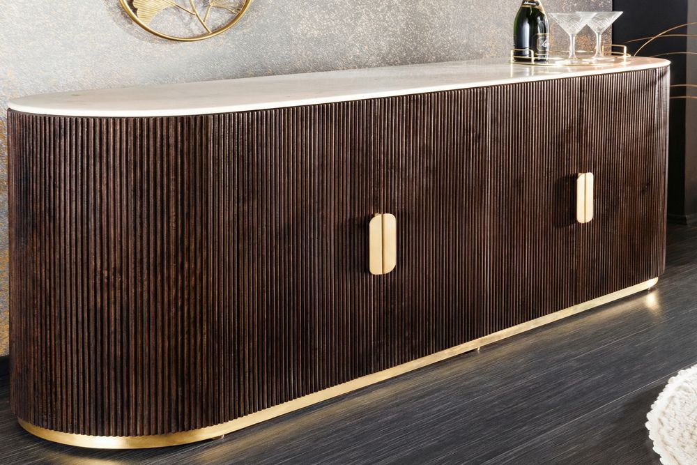 Design Sideboard GATSBY 170cm braun gold Mangoholz weiße Marmorplatte
