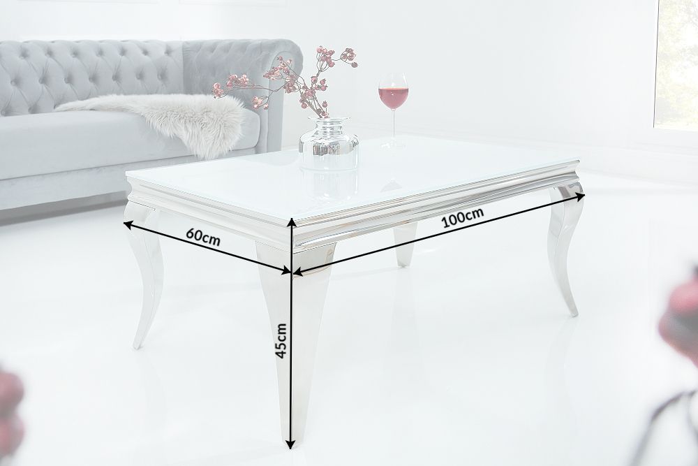 Eleganter Couchtisch MODERN BAROCK 100cm silber mit weißem Opalglas